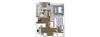 one bedroom one bath floorplan. entry open to u-shaped kitchen with peninsula. laundry next to Kitchen. Kitchen overlooks living room. Bedroom with walk-in closet that leads to bathroom. Balcony off of living room.