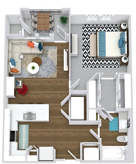one bedroom one bath floorplan. entry open to u-shaped kitchen with peninsula. laundry next to Kitchen. Kitchen overlooks living room. Bedroom with walk-in closet that leads to bathroom. Balcony off of living room.