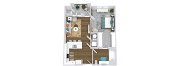 1 bedroom 1 bath floorplan. entry open to u-shaped kitchen with peninsula. w/d off of kitchen. bathroom located off of kitchen. bathroom connected to bedroom by walk-in closet. Balcony located off a living area.