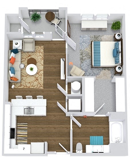 1 bedroom 1 bath floorplan. entry open to u-shaped kitchen with peninsula. w/d off of kitchen. bathroom located off of kitchen. bathroom connected to bedroom by walk-in closet. Balcony located off a living area.