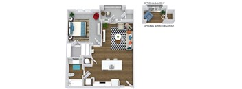 1 bedroom 1 bath floorplan. entry opens to kitchen with island. Laundry in kitchen. Bathroom next to laundry. Kitchen overlooks living area. bedroom has walk-in closet. Balcony or option of Sunroom with optional balcony.