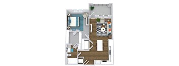 1 bedroom 1 bath floorplan. entry open to l-shaped kitchen with island. w/d in kitchen. bath with linen closet opens to kitchen and also connected to bedroom by walk-in closet. Balcony entrance off of living room.