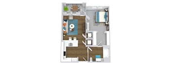 1 bedroom 1 bath floorplan. entry open to u-shaped kitchen with peninsula. w/d off of kitchen. bathroom located off of kitchen. bathroom connected to bedroom by walk-in closet. Balcony located off a living area.