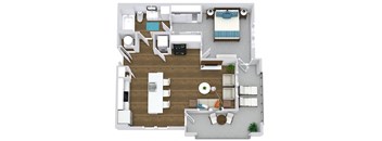 1 bedroom 1 bath floorplan. Entry opens to kitchen with island overlooking living area. Bedroom with hallway closets leading to bathroom. Laundry off of kitchen. wrap around balcony entrances off of living area and bedroom.