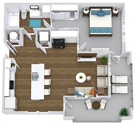 1 bedroom 1 bath floorplan. Entry opens to kitchen with island overlooking living area. Bedroom with hallway closets leading to bathroom. Laundry off of kitchen. wrap around balcony entrances off of living area and bedroom.