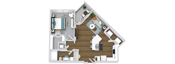 1 bedroom 1 bath floorplan. entry open to kitchen with island. Built-in desk at entry.kitchen open to living room. balcony off of living room.