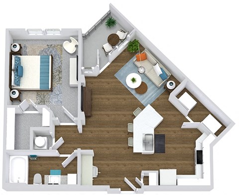 1 bedroom 1 bath floorplan. entry open to kitchen with island. Built-in desk at entry.kitchen open to living room. balcony off of living room.