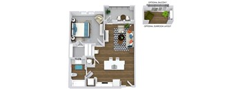 1 bedroom 1 bath floorplan. entry opens to kitchen with island. Laundry in kitchen. Bathroom next to laundry. Kitchen overlooks living area with built-in desk with shelving. bedroom has walk-in closet. Balcony or option of Sunroom with optional balcony.