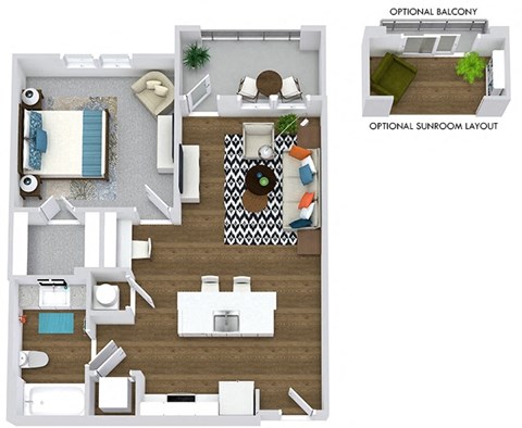 1 bedroom 1 bath floorplan. entry opens to kitchen with island. Laundry in kitchen. Bathroom next to laundry. Kitchen overlooks living area with built-in desk with shelving. bedroom has walk-in closet. Balcony or option of Sunroom with optional balcony.