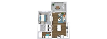 1 bedroom 1 bath floorplan. entry open to kitchen with island and pantry. w/d in kitchen. bath open to L-shaped kitchen and also connected to bedroom by walk-in closet. Balcony with storage.