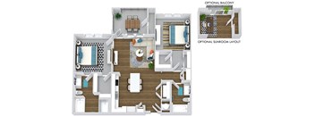 2 bedroom 2 bath floorplan. Entry open to l-shaped kitchen with island overlooking living area. bedrooms on opposite sides of floorplan. primary bathroom has standalone shower. balcony entrance off a living room. Optional sunroom layout with optional balcony. Balcony Storage area included on all Rome floorplans.