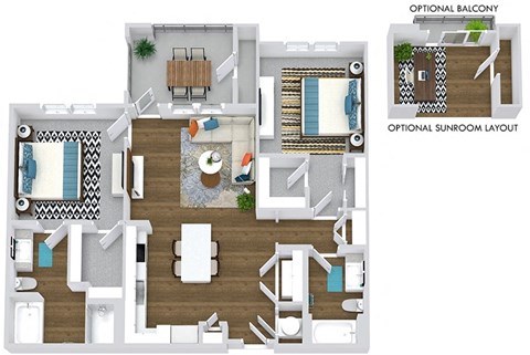 2 bedroom 2 bath floorplan. Entry open to l-shaped kitchen with island overlooking living area. bedrooms on opposite sides of floorplan. primary bathroom has standalone shower. balcony entrance off a living room. Optional sunroom layout with optional balcony. Balcony Storage area included on all Rome floorplans.