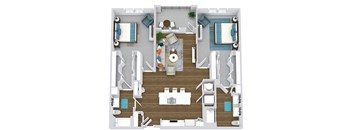 2 bedroom 2 bath floorplan entry open to kitchen with island overlooking living area. bedrooms on opposite sides of floorplan. primary bath with double sink vanity and standalone shower. Balcony off of living room area.