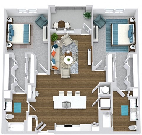 2 bedroom 2 bath floorplan entry open to kitchen with island overlooking living area. bedrooms on opposite sides of floorplan. primary bath with double sink vanity and standalone shower. Balcony off of living room area.