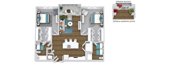 2 bedroom 2 bath floorplan. entry open to kitchen with island. Mech closet and coat closet at entry. laundry room in kitchen. bedrooms on opposite sides of floorplan. both with walk-in closets. Primary bathroom has double vanity and walk-in shower. Balcony off of living room. optional sunroom instead of large balcony with optional small balcony.