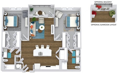 2 bedroom 2 bath floorplan. entry open to kitchen with island. Mech closet and coat closet at entry. laundry room in kitchen. bedrooms on opposite sides of floorplan. both with walk-in closets. Primary bathroom has double vanity and walk-in shower. Balcony off of living room. optional sunroom instead of large balcony with optional small balcony.