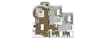 2 bedroom 2 bath floorplan. entry opens to l-shaped kitchen with island overlooking circular living room with windows reaching the ceiling. balcony off of living area.