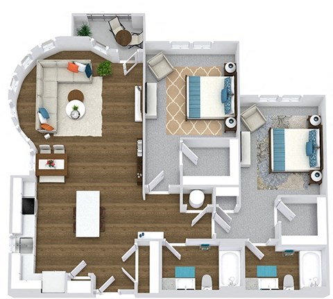 2 bedroom 2 bath floorplan. entry opens to l-shaped kitchen with island overlooking circular living room with windows reaching the ceiling. balcony off of living area.