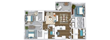 3 bedroom 2 bath floorplan. entry opens to u-shaped kitchen with peninsula overlooking dining and living area. Large pantry with shelving. bedrooms with walk-in closets. primary bath has double sink vanity with standalone shower and bathtub.