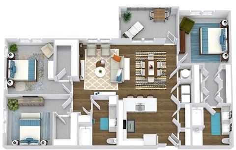 3 bedroom 2 bath floorplan. entry opens to u-shaped kitchen with peninsula overlooking dining and living area. Large pantry with shelving. bedrooms with walk-in closets. primary bath has double sink vanity with standalone shower and bathtub.