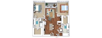 A floor plan of a house with a living room, kitchen, and two bedrooms.