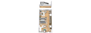 a floor plan of a room with a bed and a desk