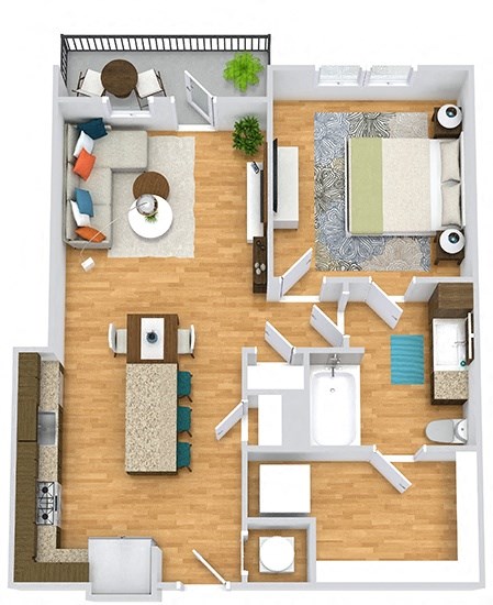a bedroom floor plan with a bathroom and a living room