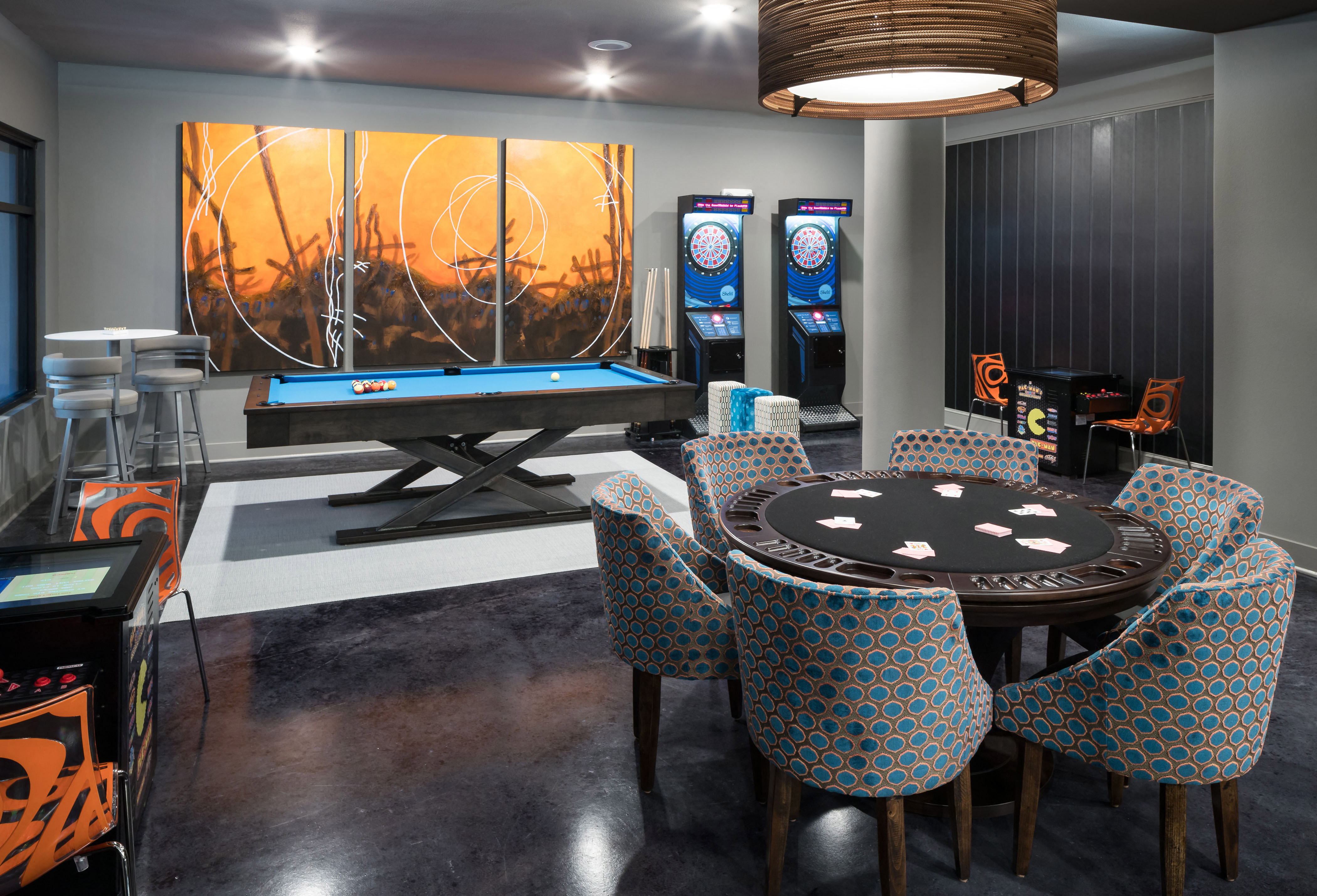 Game Room with Billiards, Shuffleboard, Darts, Vintage Arcade Gaming System, Poker and TVs