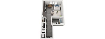 3D studio apartment. entrance hallway with laundry and two closets. kitchen open to living/sleeping area. bathroom