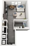 The Georgia 3D studio apartment. entrance hallway with laundry and two closets. kitchen open to living/sleeping area. bathroom