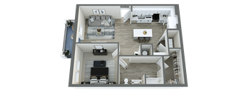 a 3d floor plan of a house with a bedroom and a living room