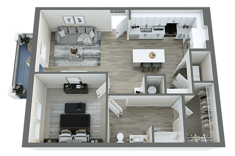 a 3d floor plan of a house with a bedroom and a living room