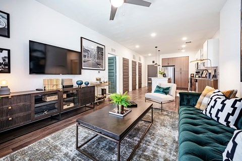 a living room with a green couch and a television