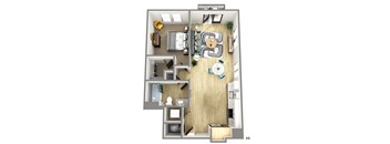 a stylized floor plan with a bedroom and living room