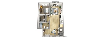 a stylized floor plan with a bedroom and a living room