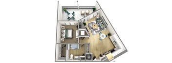 a stylized floor plan with a bedroom and a living room