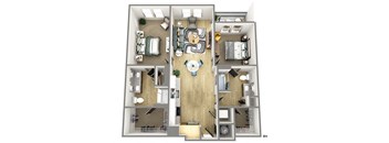 a stylized floor plan with a bedroom and a living room