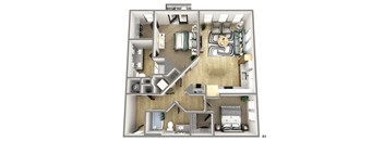 a 3d floor plan with a bedroom and a living room