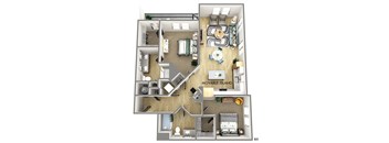 A 3D floor plan of an apartment with a movable island in the kitchen.