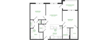 2 bedroom 2 bath floorplan. kitchen with island peninsula overlooking dining/living area. Open storage area below Kitchen and 1 Bathroom sink. private baths and closets. Full size washer/dryer. patio/balcony