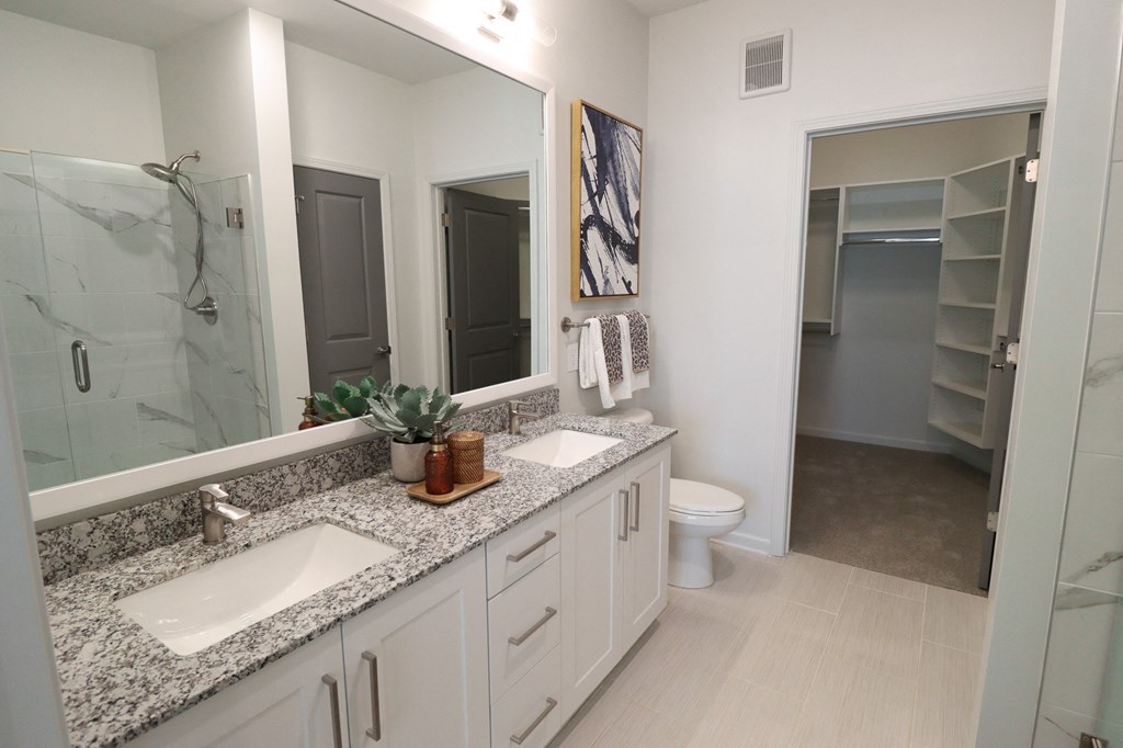 a bathroom with a sink and a shower and a toilet