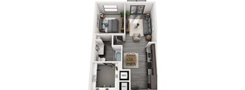 3D 1 bedroom floorplan with kitchen and dining area, stackable washer/dryer. Living area with patio/balcony. bathroom entrance from living and bedroom. walk in closet attached to bathroom