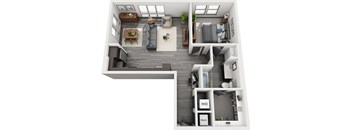 3D 1 bedroom floorplan. Entrance hall with W/D room. Built in desk. open to kitchen overlooking dining/living areas. 1 bedroom leads to bathroom. bathroom also accessible from hallway. Walk-in closet connected to bath.