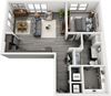 The Indiana 3D 1 bedroom floorplan. Entrance hall with W/D room. Built in desk. open to kitchen overlooking dining/living areas. 1 bedroom leads to bathroom. bathroom also accessible from hallway. Walk-in closet connected to bath.