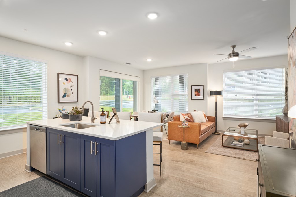 A modern kitchen with blue cabinets and a white countertop.
