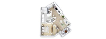 A top down view of a house interior with a kitchen, living room, and dining area.