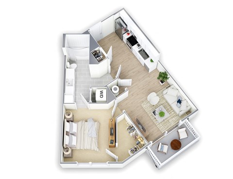 A top down view of a house interior with a kitchen, living room, and dining area.