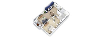 A 3D floor plan of a small apartment with a living room, kitchen, and bathroom.