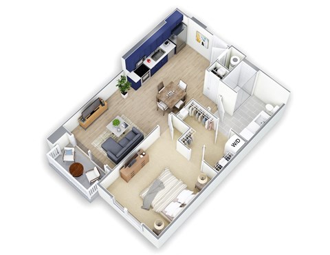 A 3D floor plan of a small apartment with a living room, kitchen, and bathroom.