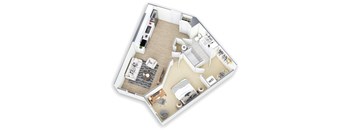 A 3D floor plan of a house with a kitchen, living room, and bathroom.